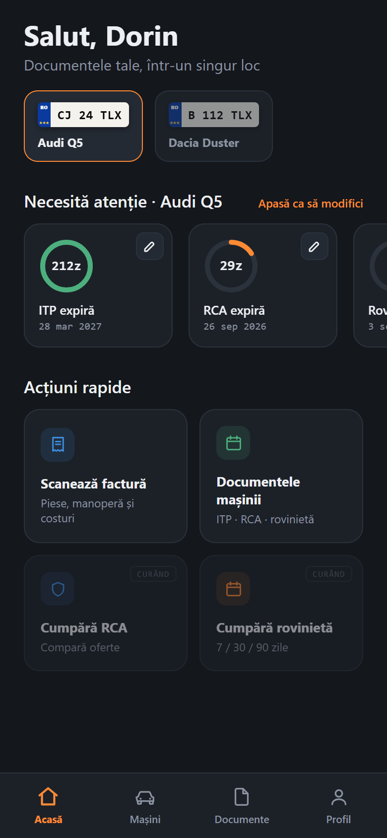Ecranul principal Talonix: cadranele pentru ITP, RCA și rovinietă, cu zilele rămase până la expirare.