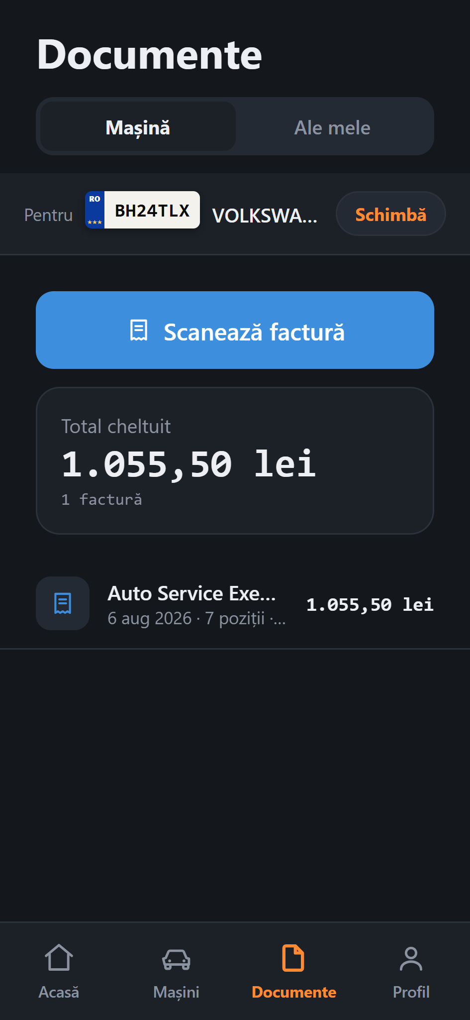Ecranul Documente din Talonix: totalul cheltuit pe mașină și lista facturilor scanate.