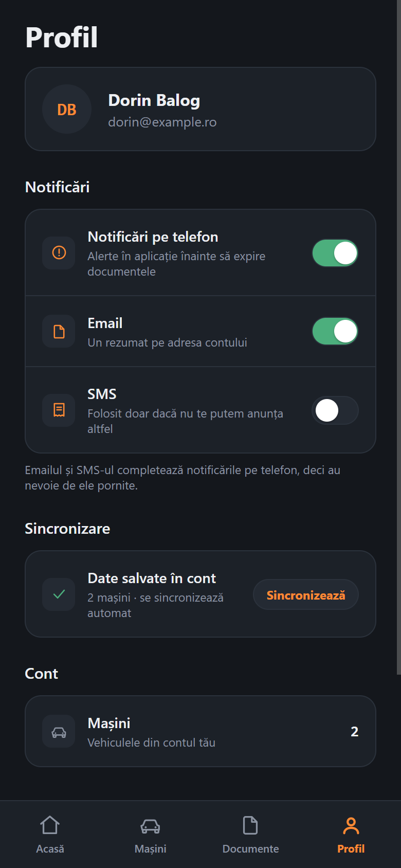 Ecranul de profil Talonix, cu comutatoarele pentru notificări pe telefon, email și SMS.
